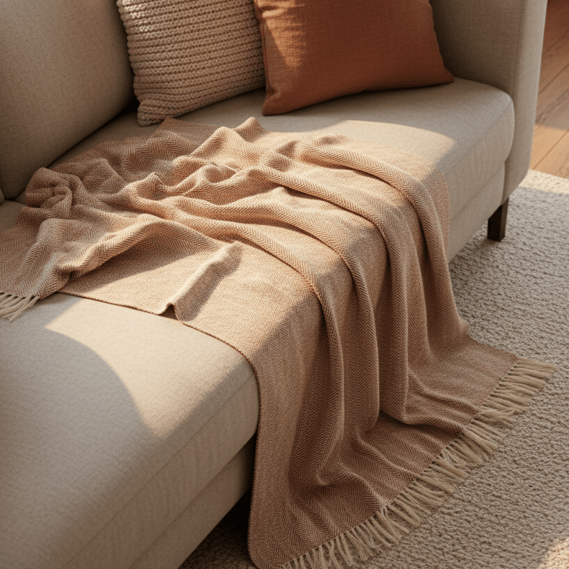 Bomullspläd 'Denisa Fishbone' 130x170cm - Brun/vit